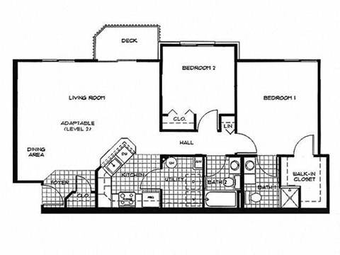 Floor plan for 2 beds, 2 baths, 1020 sqft